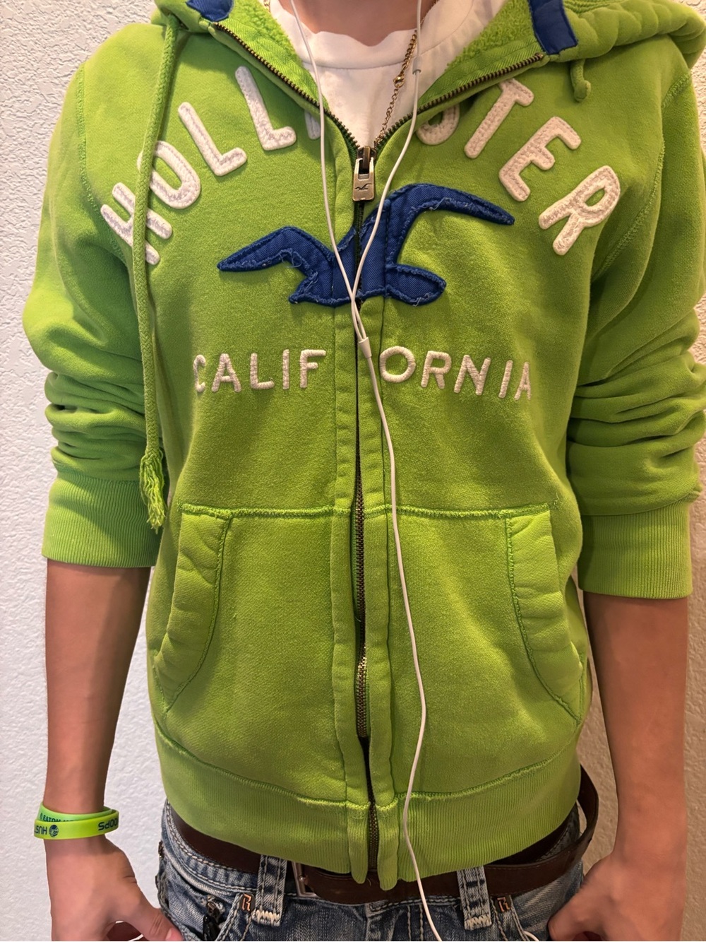 Hollister Men’s Lime Green Zip-Up Hoodie Y2K 2000s Jacket Hoodie